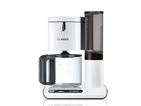 A Bosch coffee maker with a carafe on a white background.