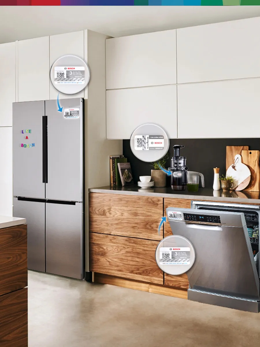 Vị trí tem chính hãng trên các thiết bị gia dụng Bosch