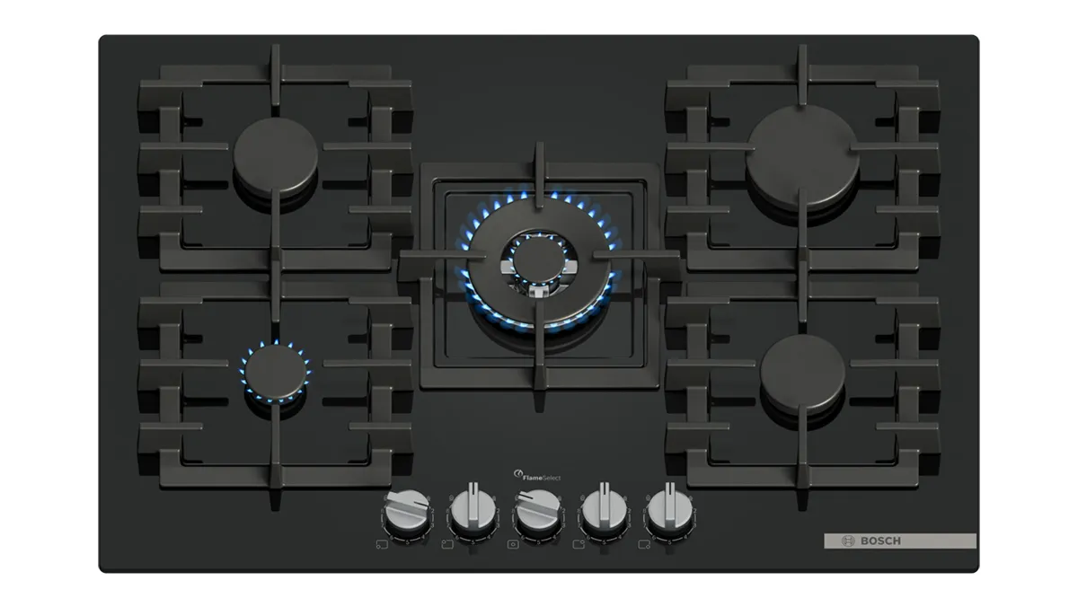 A black gas cooktop featuring five burners with blue illumination, styled for modern kitchens.