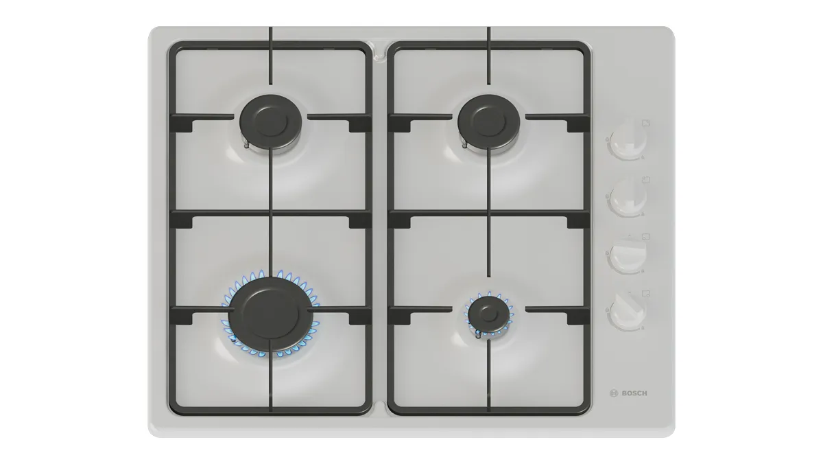 Top view of a modern Bosch gas cooktop with four burners, featuring black grates and knobs.