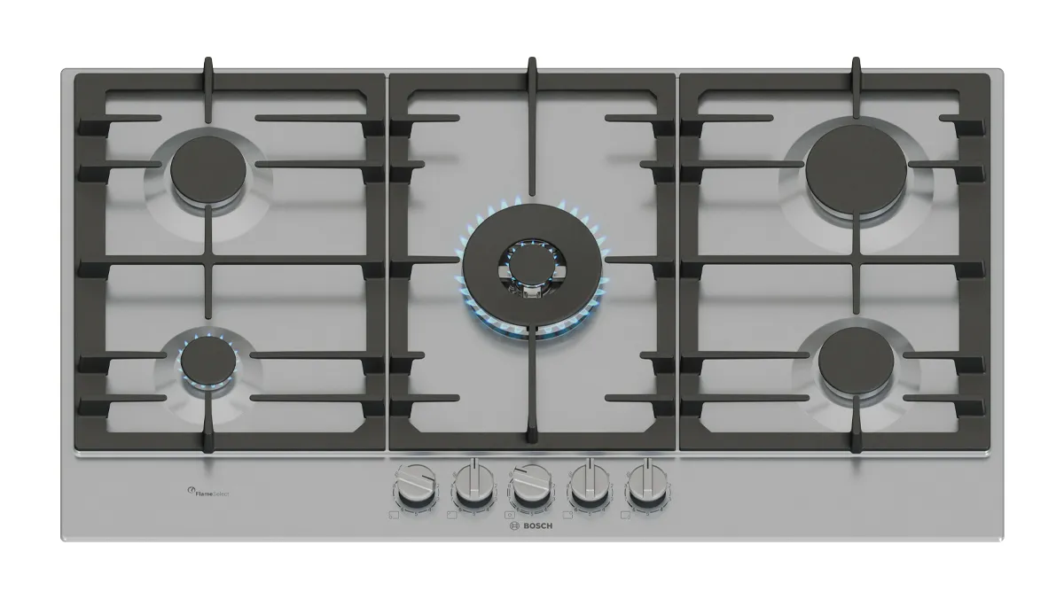 A Bosch gas cooktop with five burners, stainless steel finish, and control knobs.