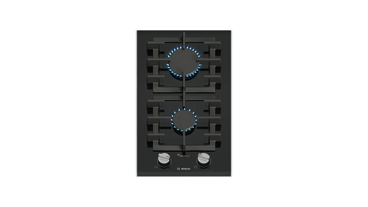 Black gas cooktop with two burners, featuring blue indicator lights and adjustable knobs.