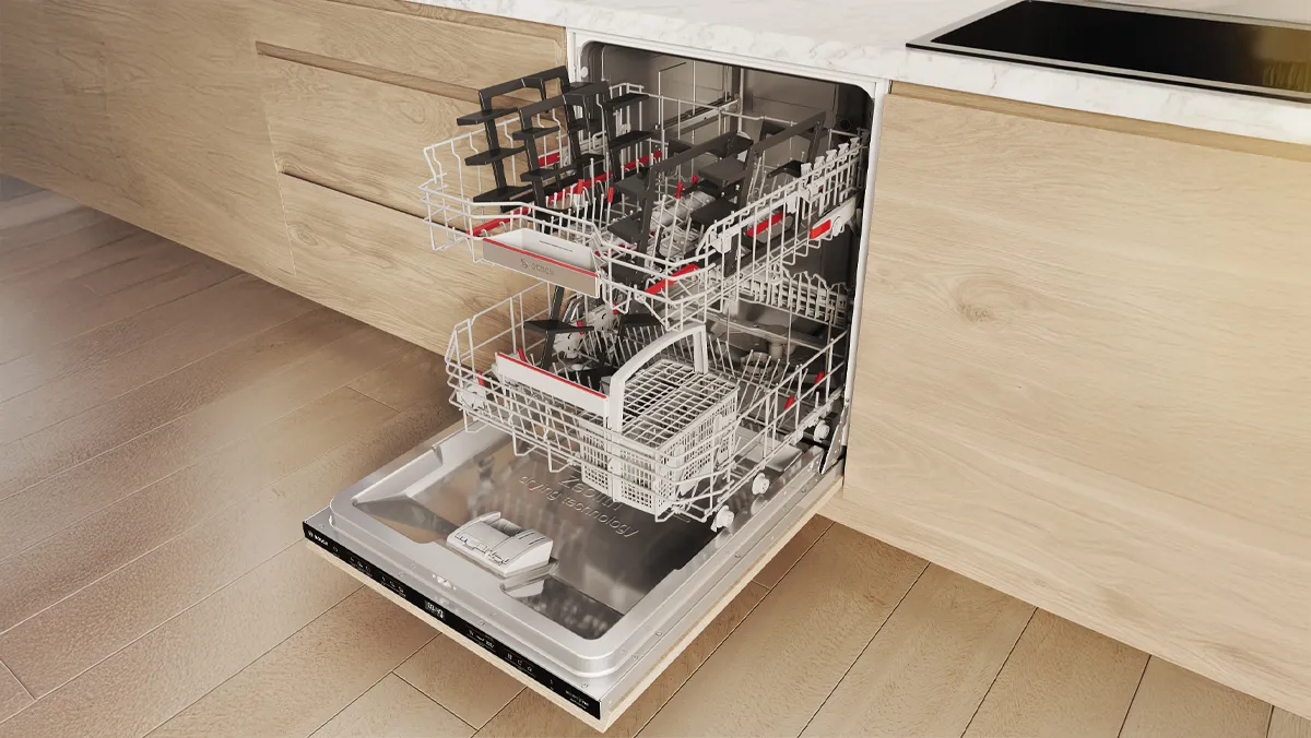 A modern dishwasher with two open racks, filled with dishes and utensils.