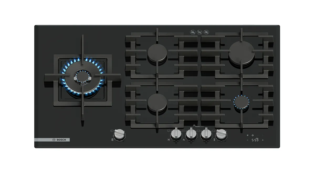 A sleek black gas cooktop with five burners, featuring a blue flame indicator and metallic knobs.