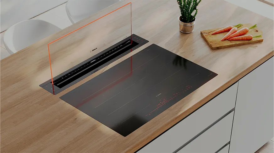 Retractable downdraft hob on kitchen counter