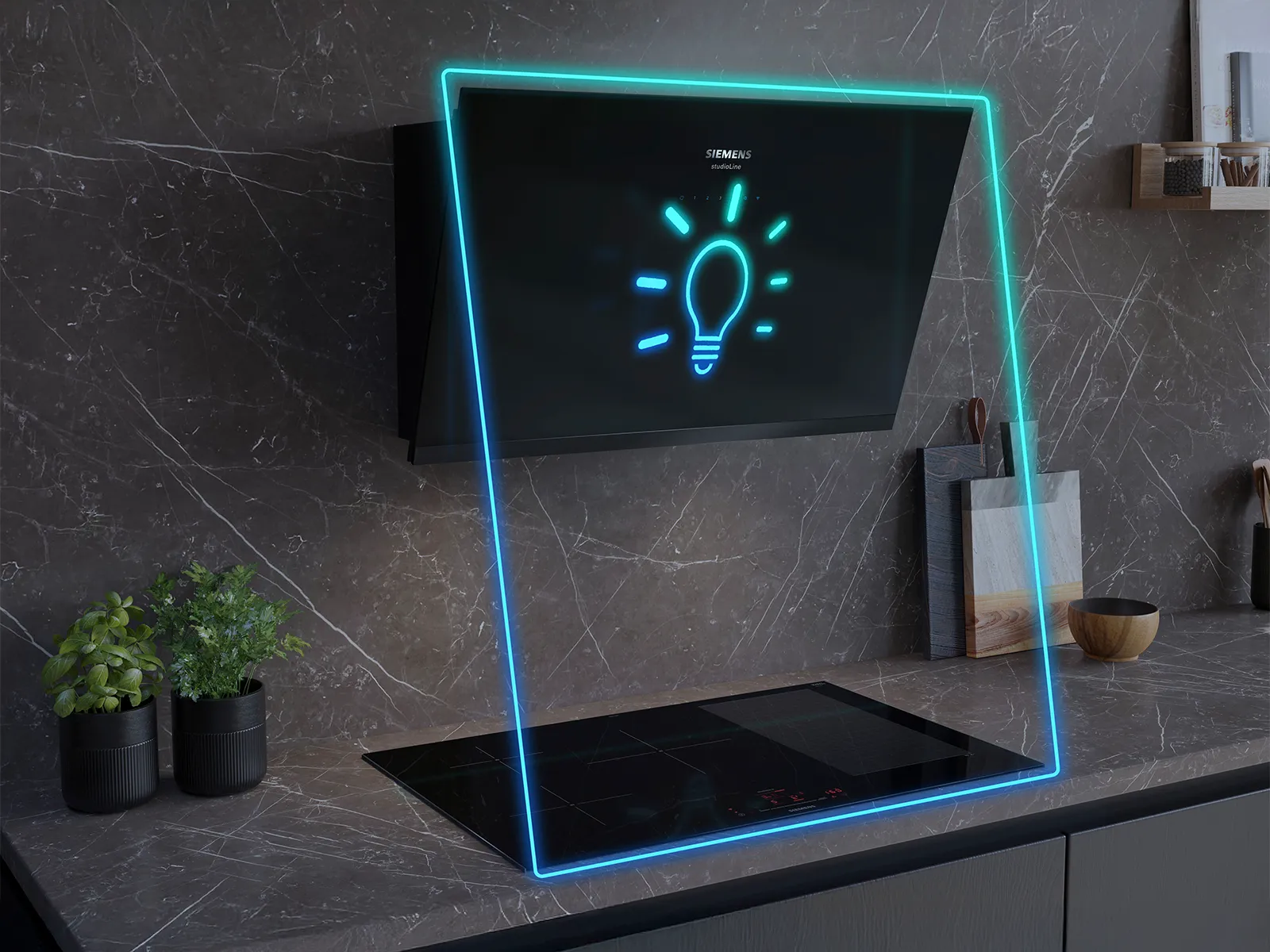 Siemens extractor hood with emotionLight symbol, featuring customisable ambient lighting.