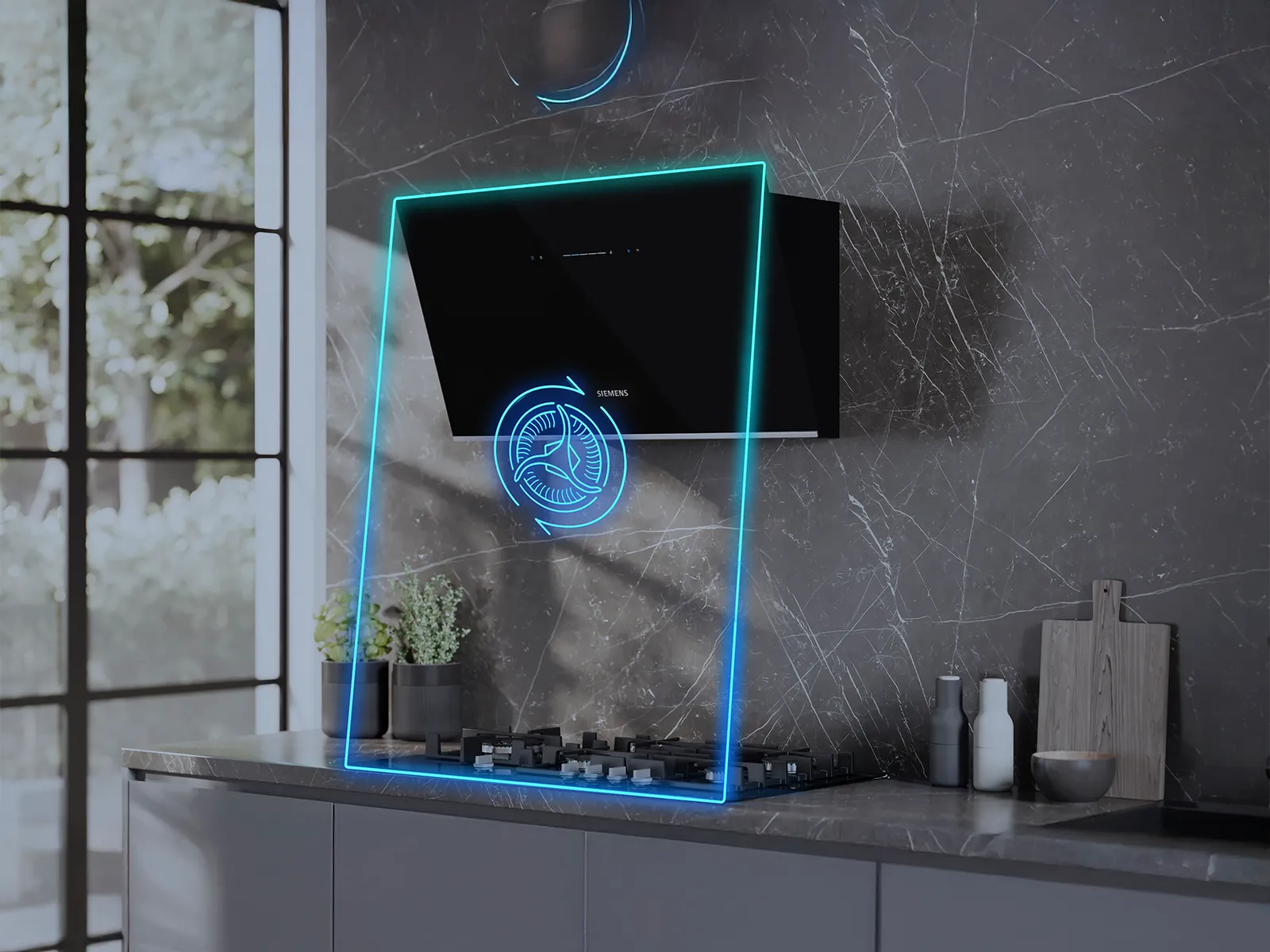 Siemens-kök med en elegant svart spisfläkt, framhävda av blå neonlys, mot en marmorbakgrund.