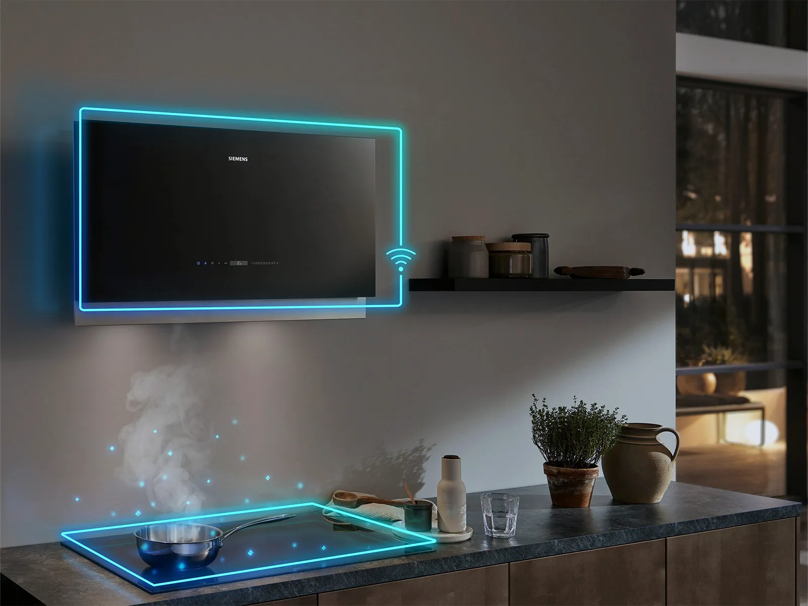 Ett modernt kök med en smart induktionsspis med lysande kanter, ånga som stiger från en kastrull och en elegant väggmonterad display.