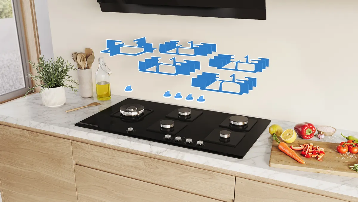 A modern kitchen featuring a sleek black gas stove with four burners.