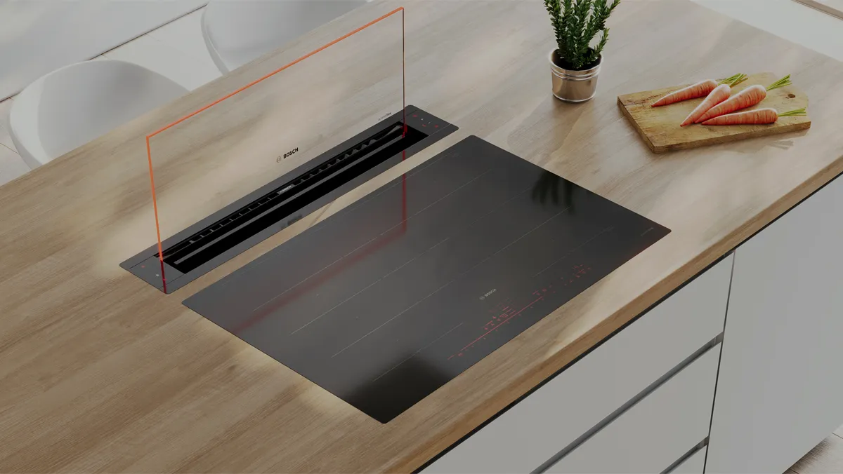 Downdraft hood on counter