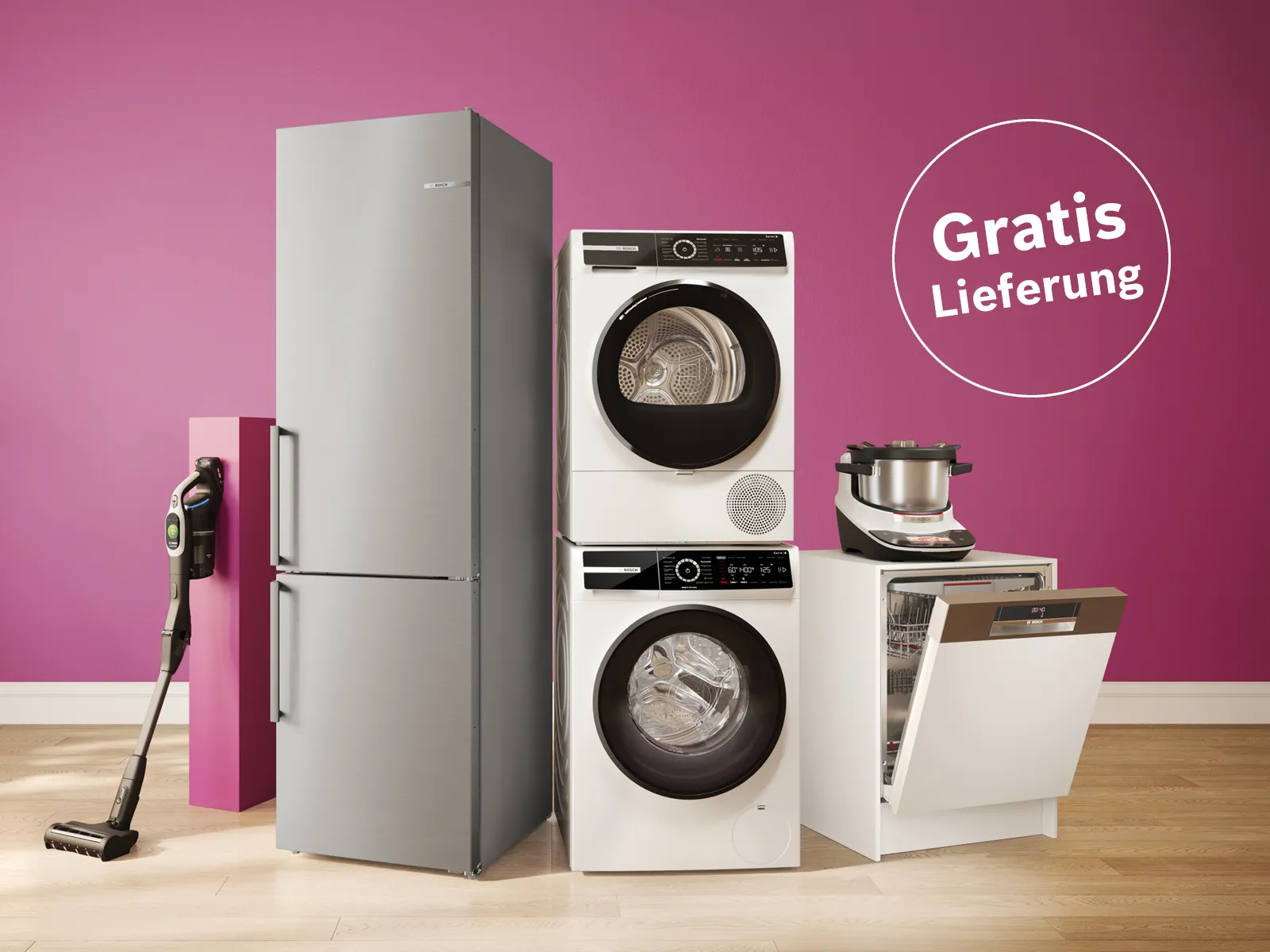 Haushaltsgeräte: Kühlschrank, Waschmaschine, Trockner, Geschirrspüler, Staubsauger. Text „Gratis Lieferung“.