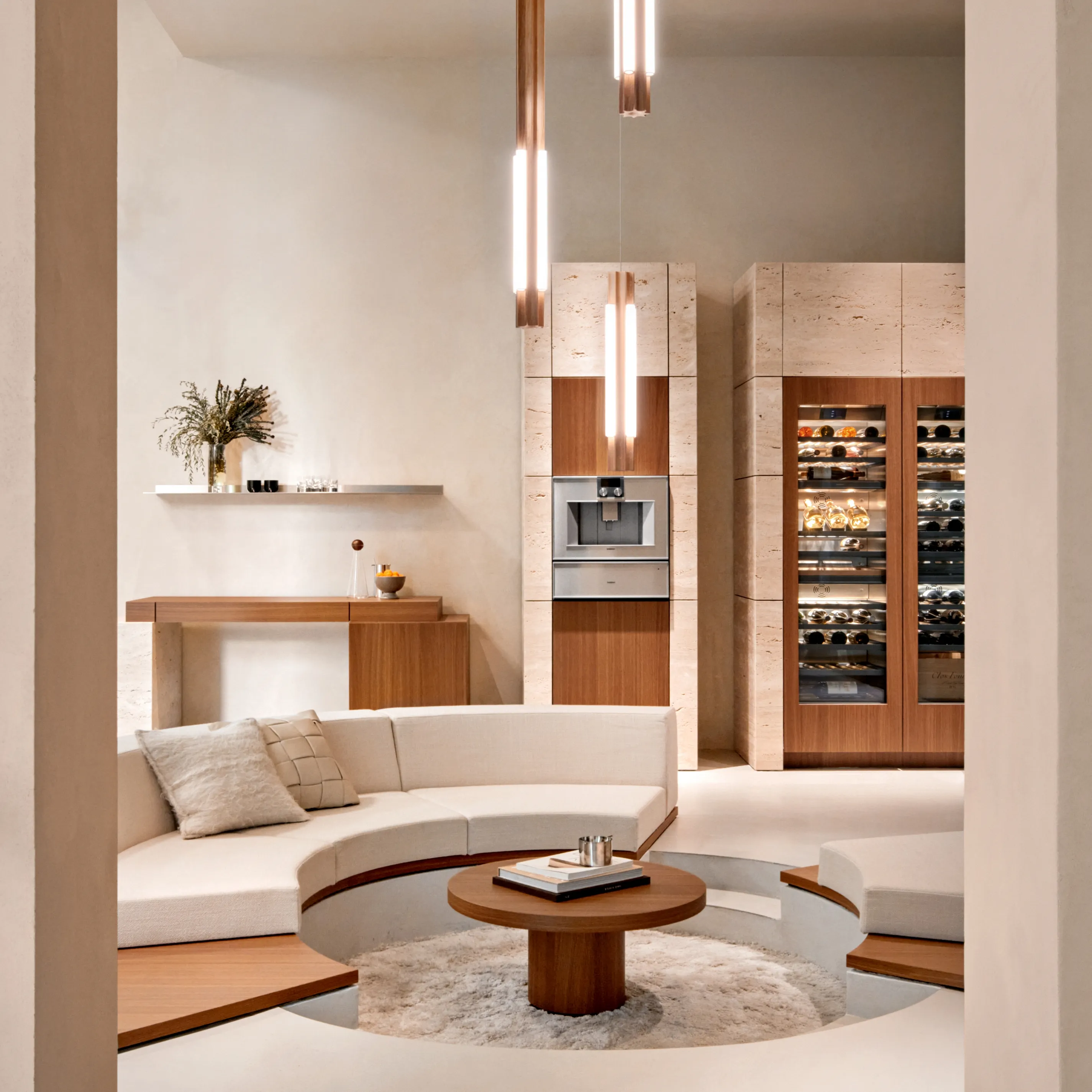 Circular seating area in front of Gaggenau appliances in the new Beverly Hills Flagship showroom