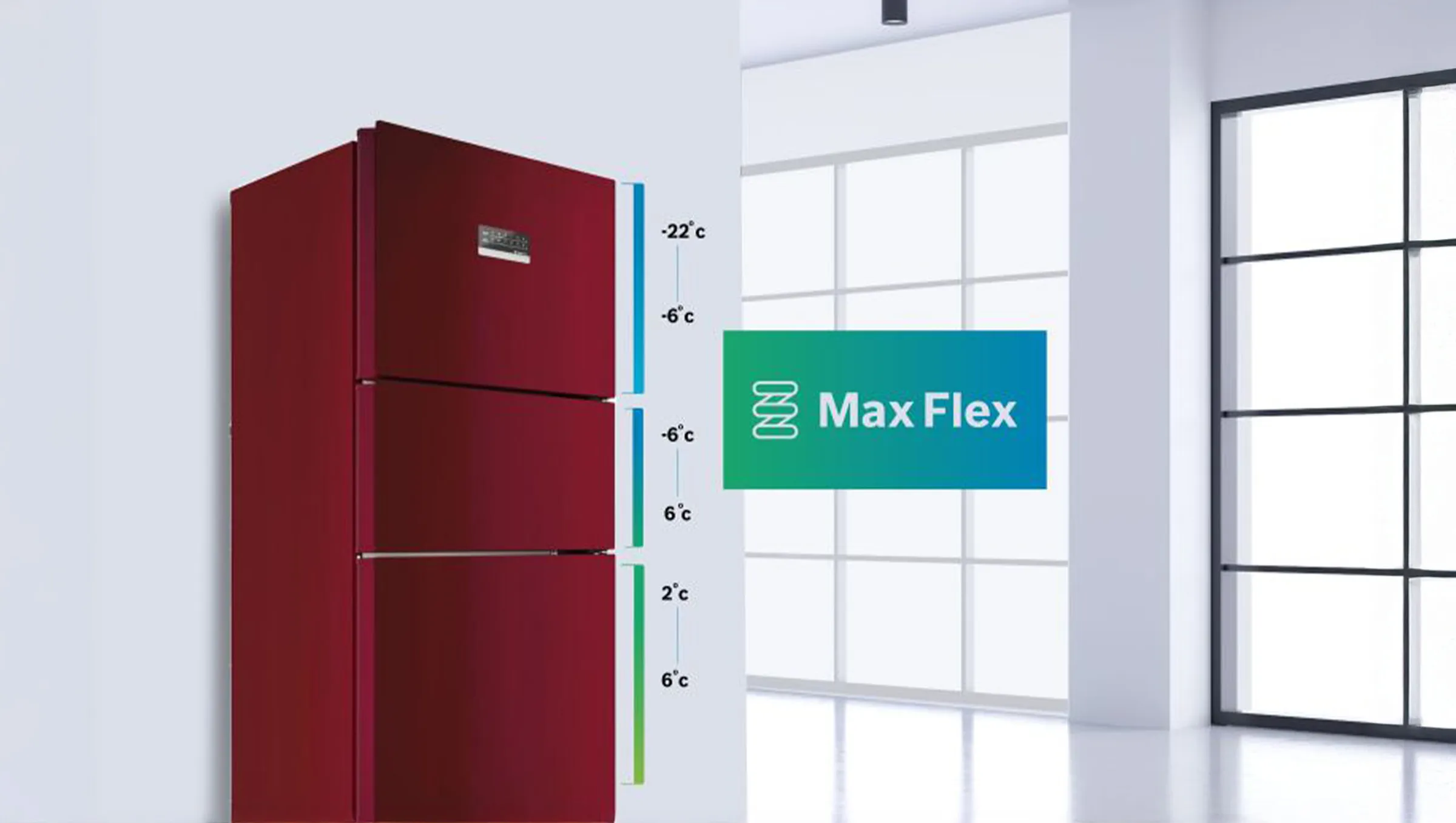 A red multi-door refrigerator with temperature indicators for different zones, highlighting the "Max Flex" feature.