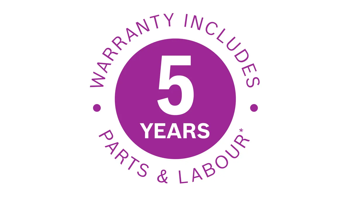 5 Year warranty icon in purple.