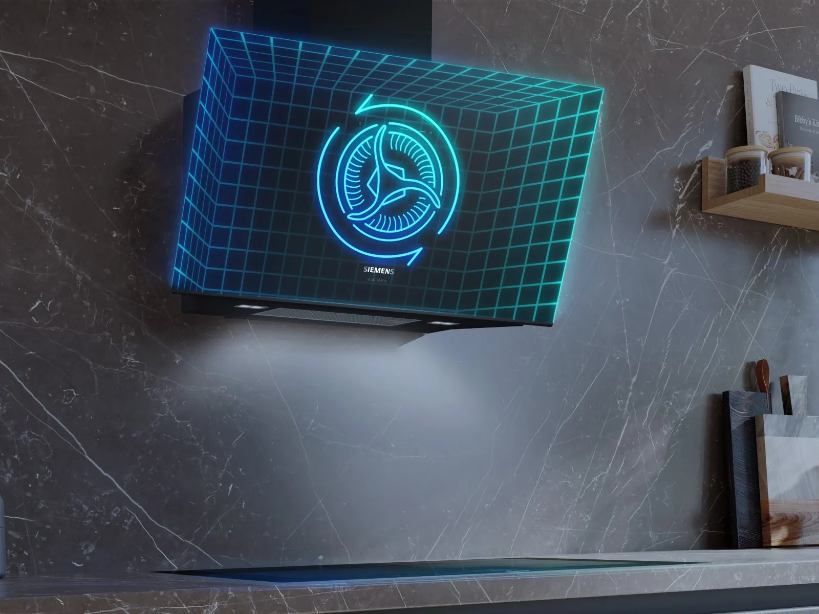 En elegant Siemens köksfläkt med en upplyst design, med ett blått rutmönster och en modern logotyp mot en marmorbakgrund.