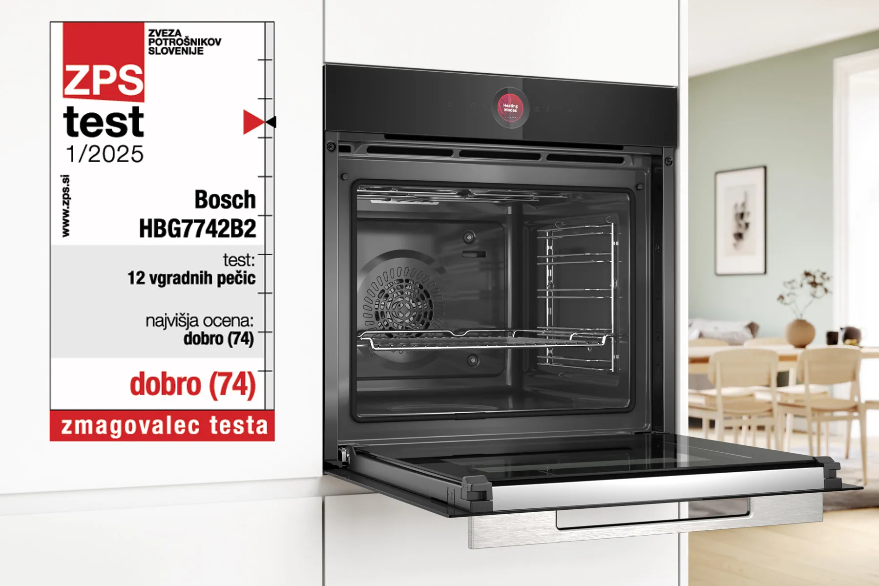 Pečica Bosch HBG7742B2 z odprtimi vrati, s prikazom notranjosti in rezultatov testiranja: „dobro (74)“, poudarjeno na stranski plošči.