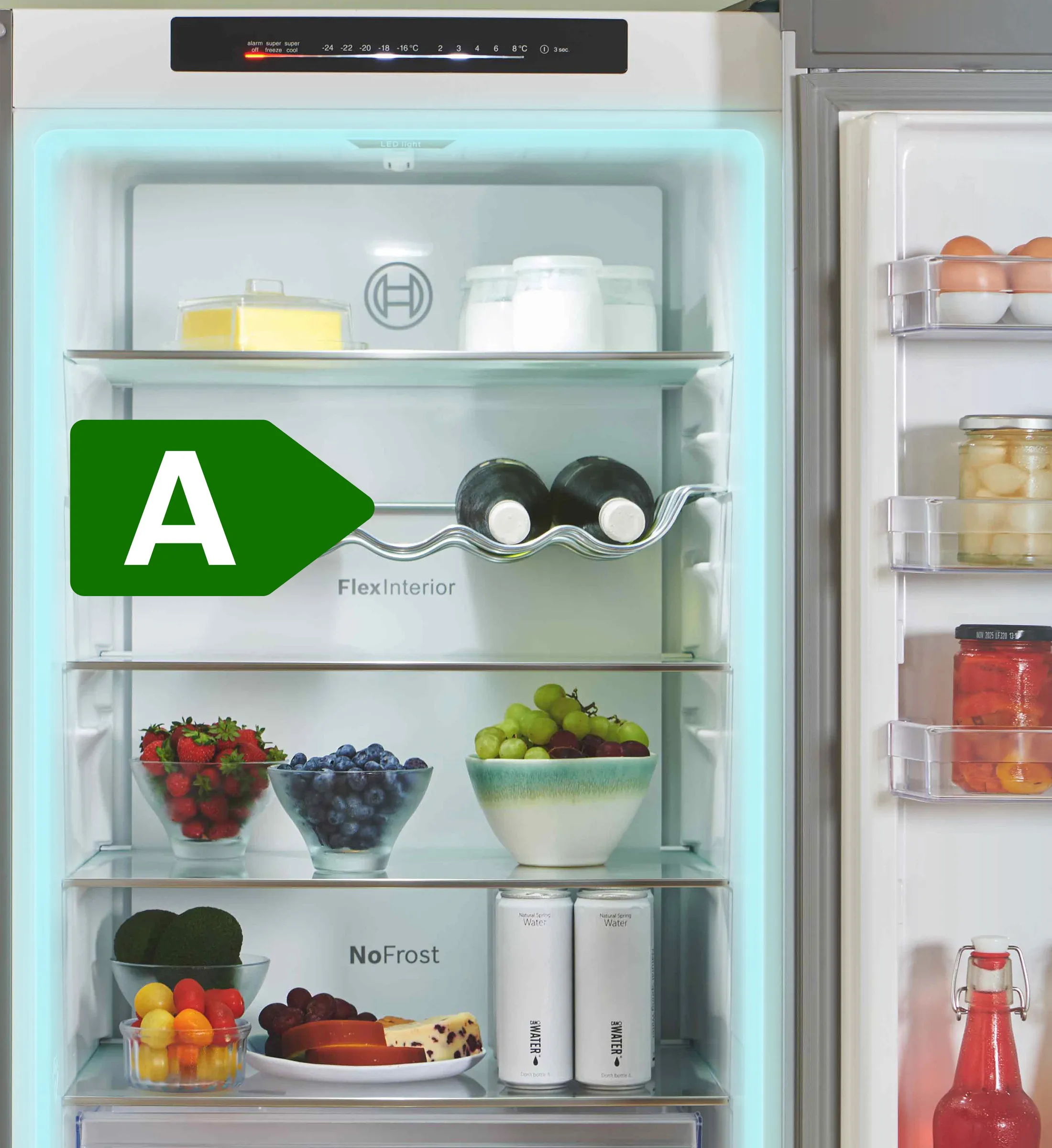 Open fridge freezer with neon blue outline