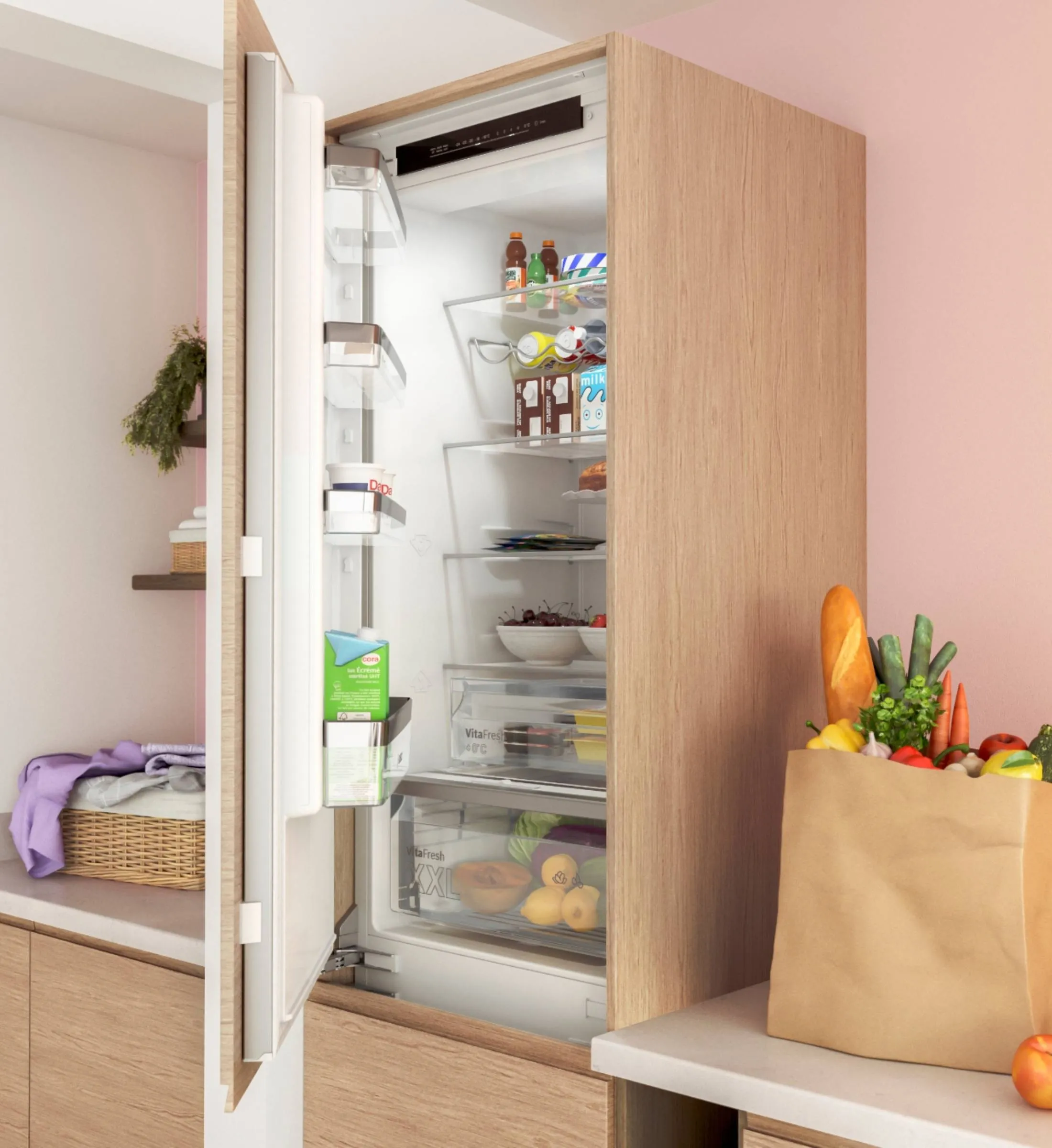 Built in fridge freezer with open door