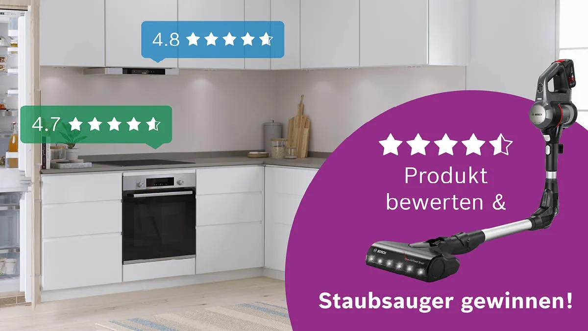 Moderne Küche mit Geräten, Bewertungssternen und Staubsauger-Aktion.