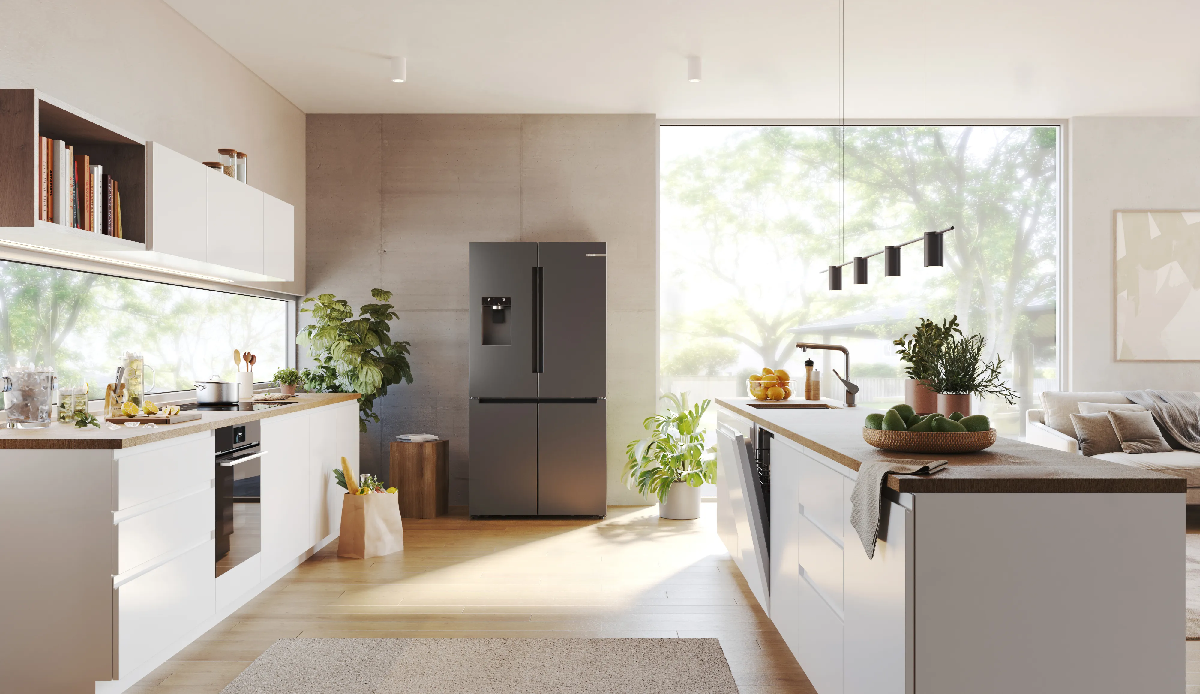 Stainless steel fridge freezer in a bright, modern kitchen.
