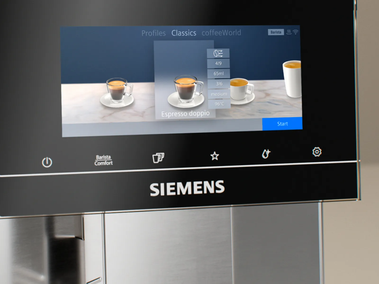 Prim-plan al ecranului tactil al unui espressor automat Siemens, afișând opțiuni pentru espresso.