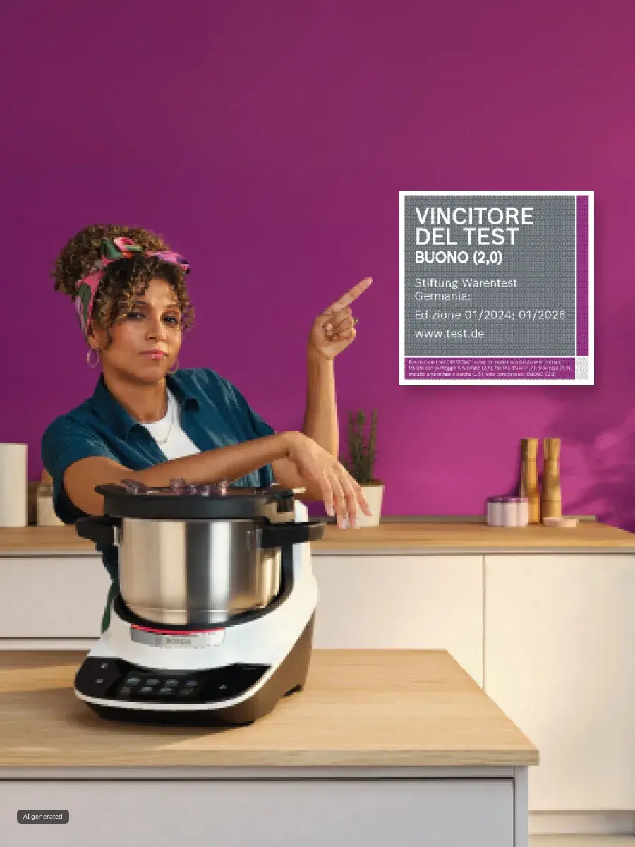 Donna che cucina, elettrodomestici da cucina, cartellino del prezzo, sfondo viola.