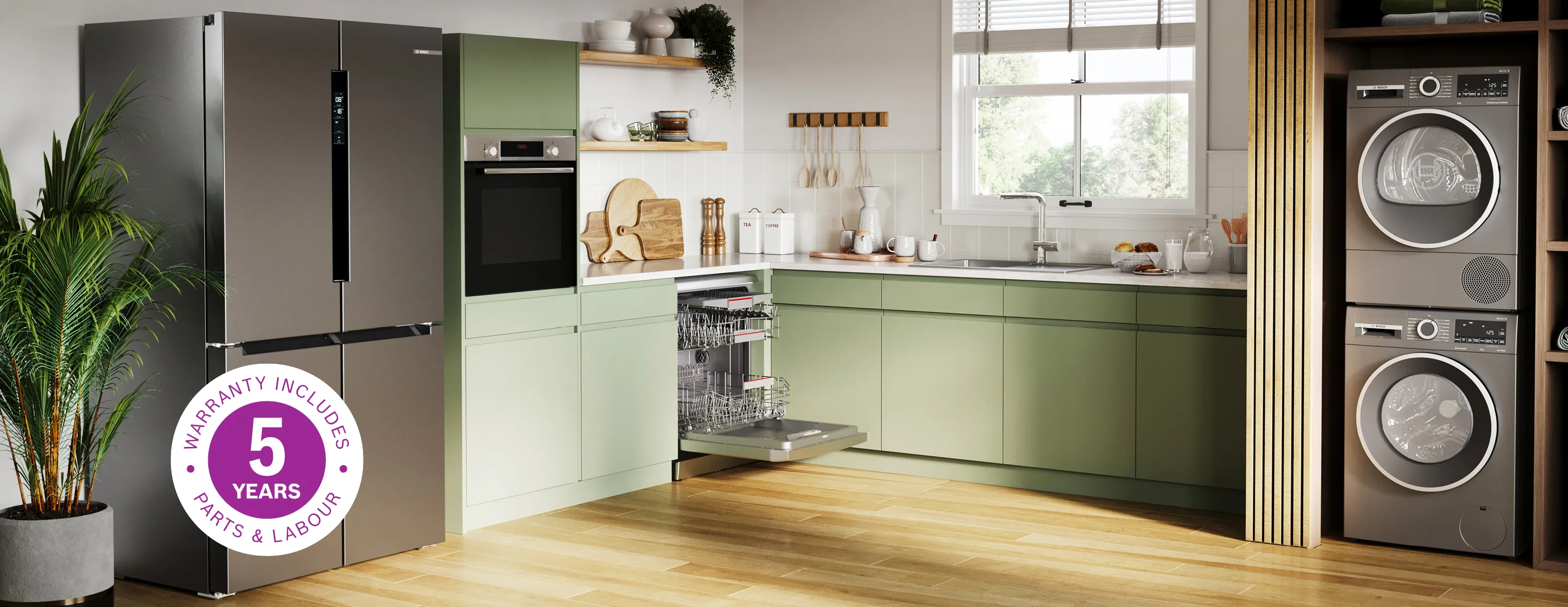 Kitchen setting with Bosch 5 year warranty home banner