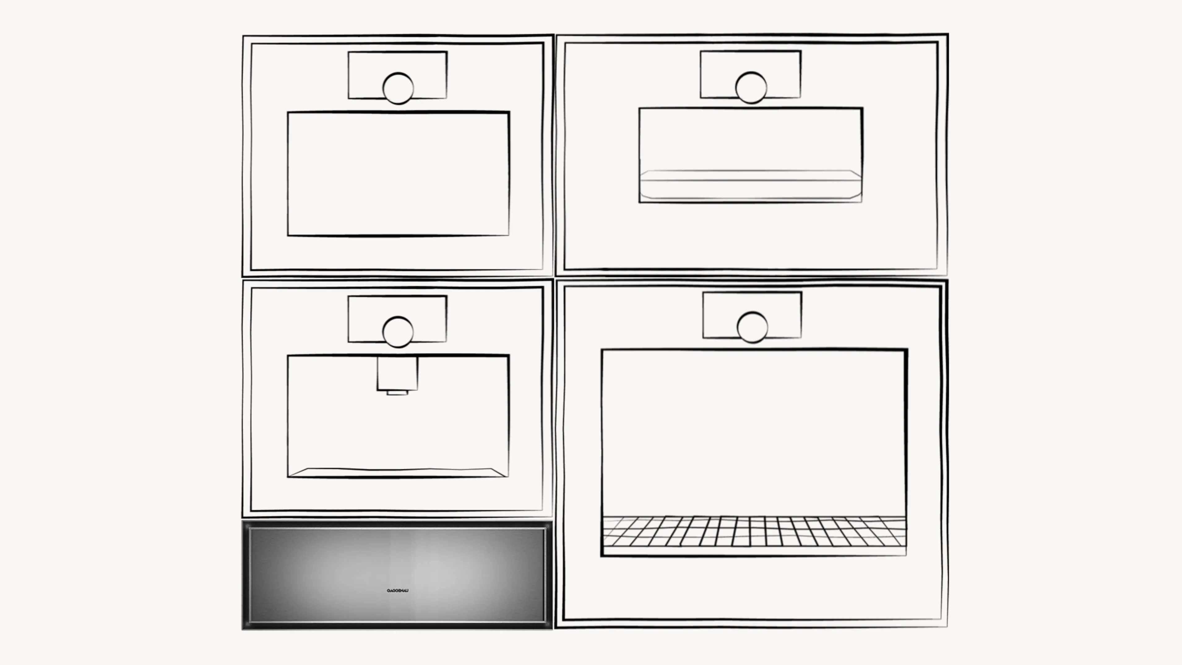 Different configurations of the Gaggenau Expressive culinary warming drawer and other Gaggenau Expressive series appliances