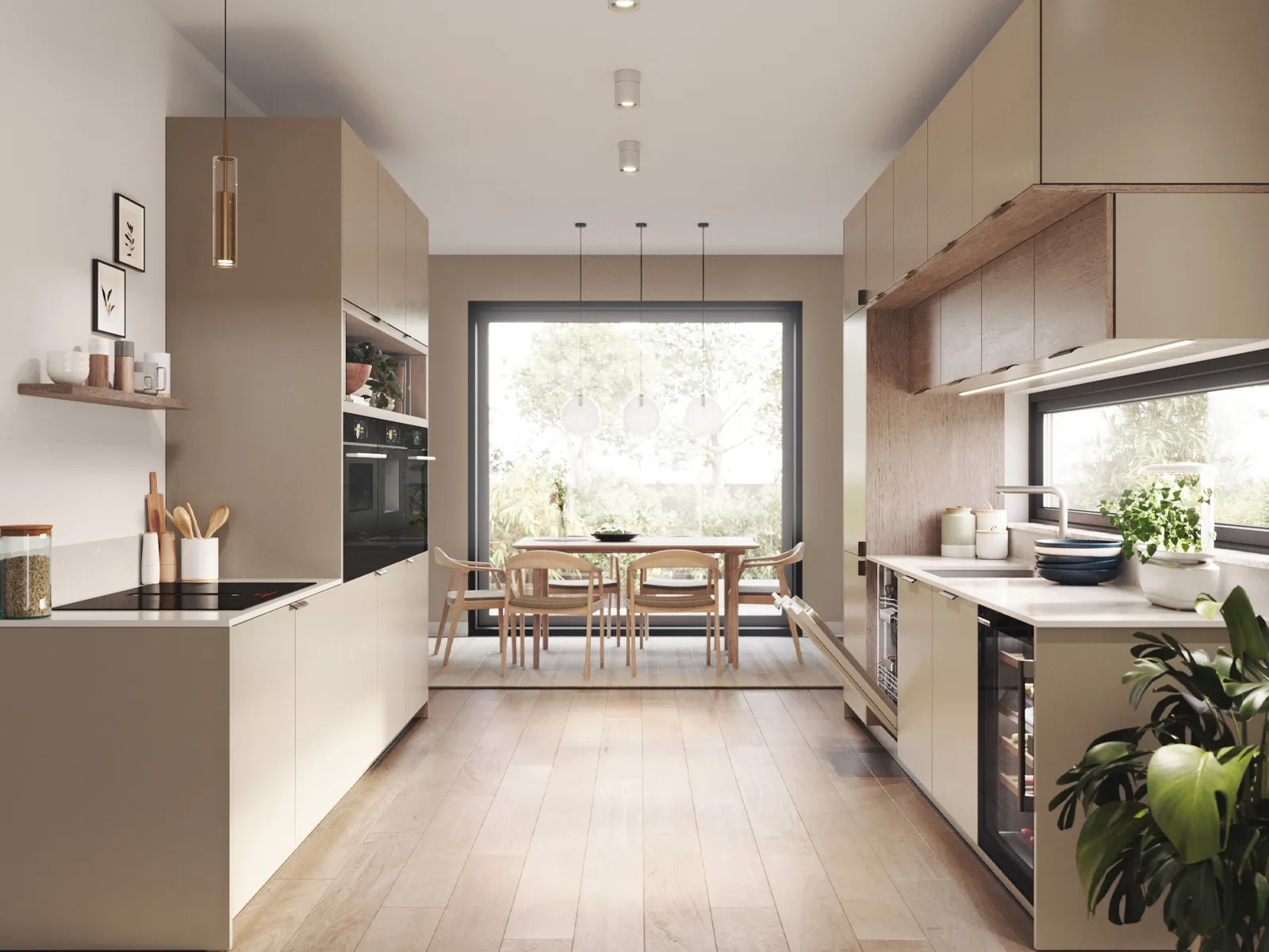 Modern kitchen with light wood cabinets, large window, dining table, and plants enhancing decor.