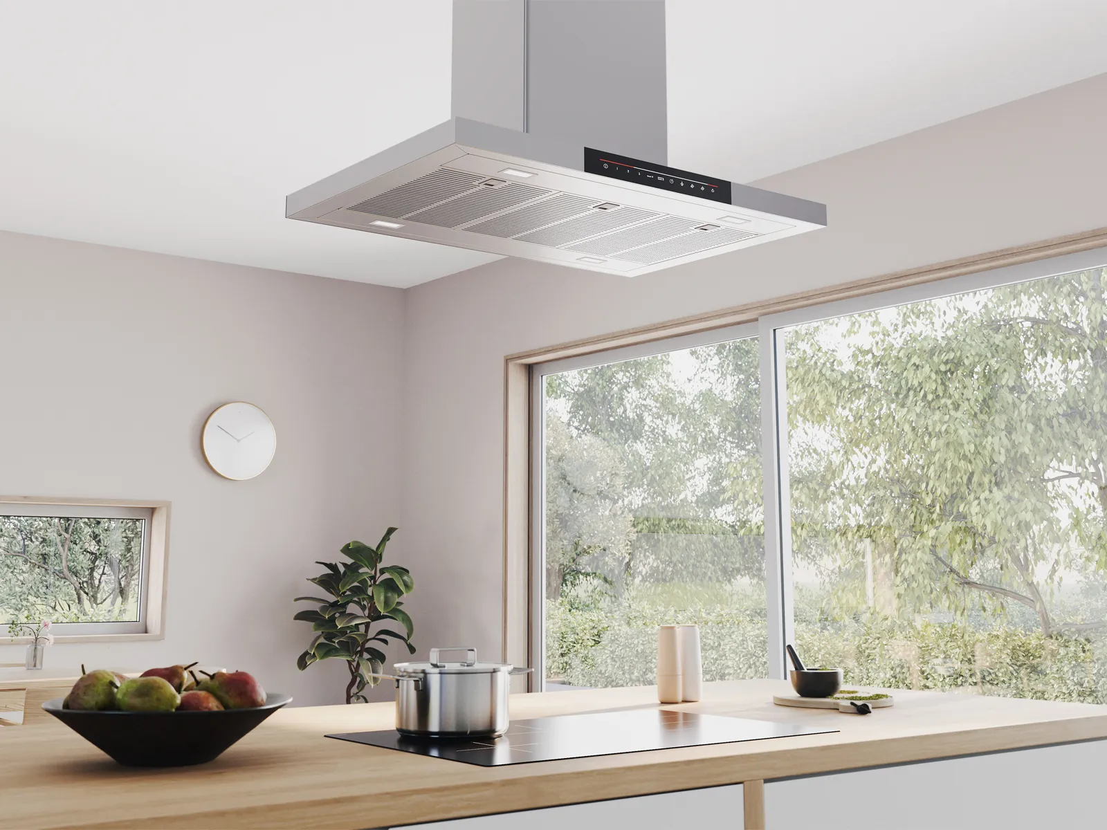 Modern kitchen with a ceiling-mounted stainless steel range hood above a wooden island.