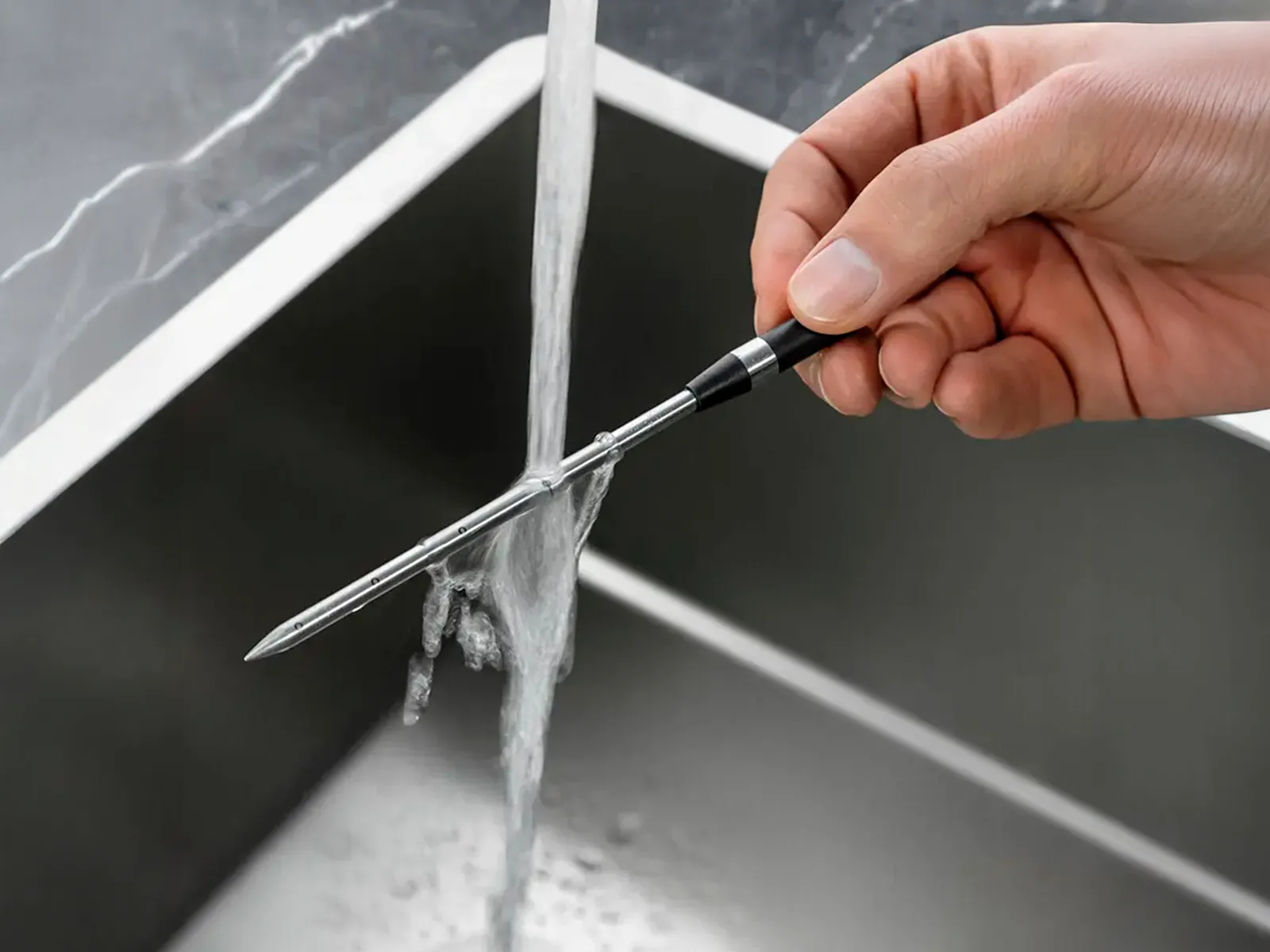 Hand hält den kabellosen roastingSensor unter fließendem Wasser in der Spüle.