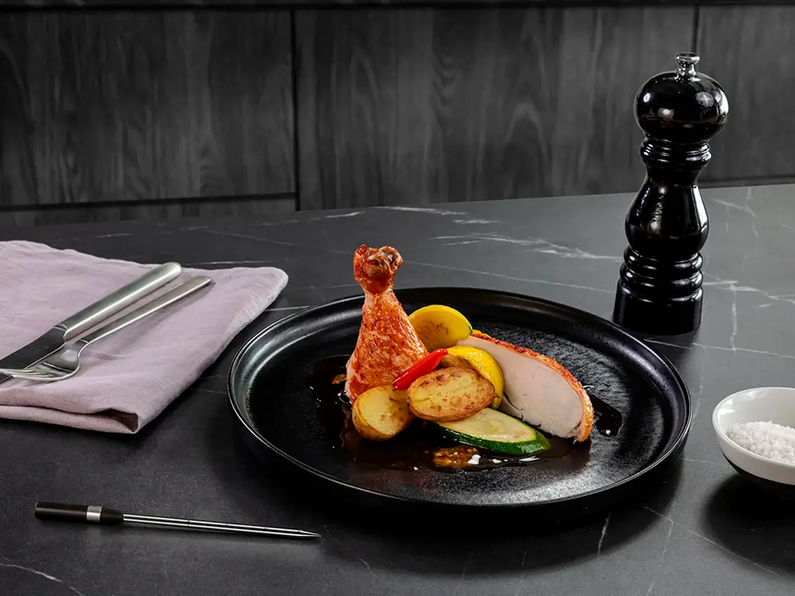 Brathähnchen und Gemüse auf einem schwarzen Teller auf einer dunkelgrauen Arbeitsplatte neben einer Pfeffermühle.