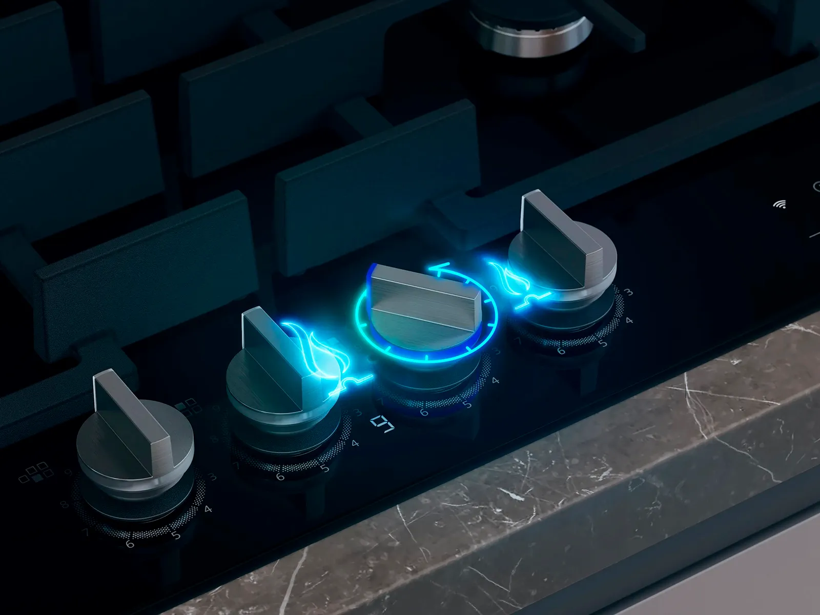 Close up of the detachable hob knobs with blue graphic overlays showing hob level and flame size.