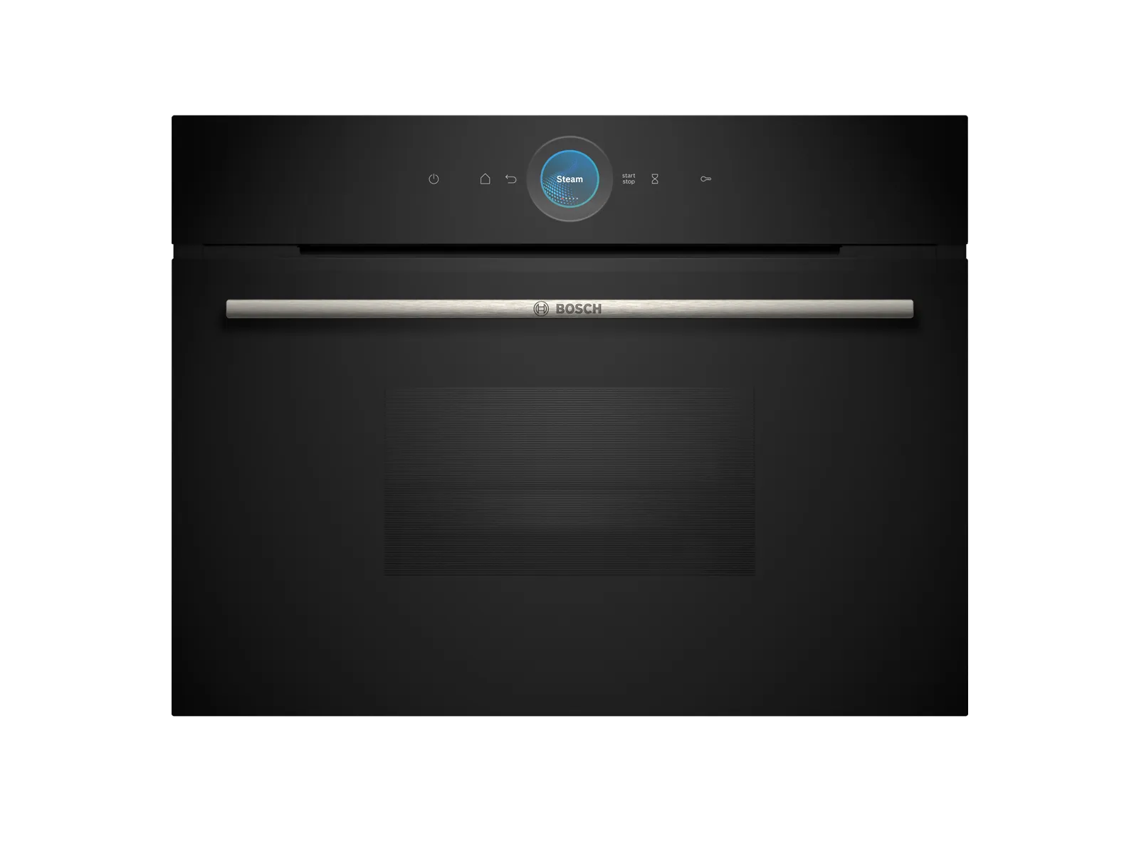 Cuptor Bosch elegant, negru, cu panou de control digital și mâner din oțel inoxidabil.