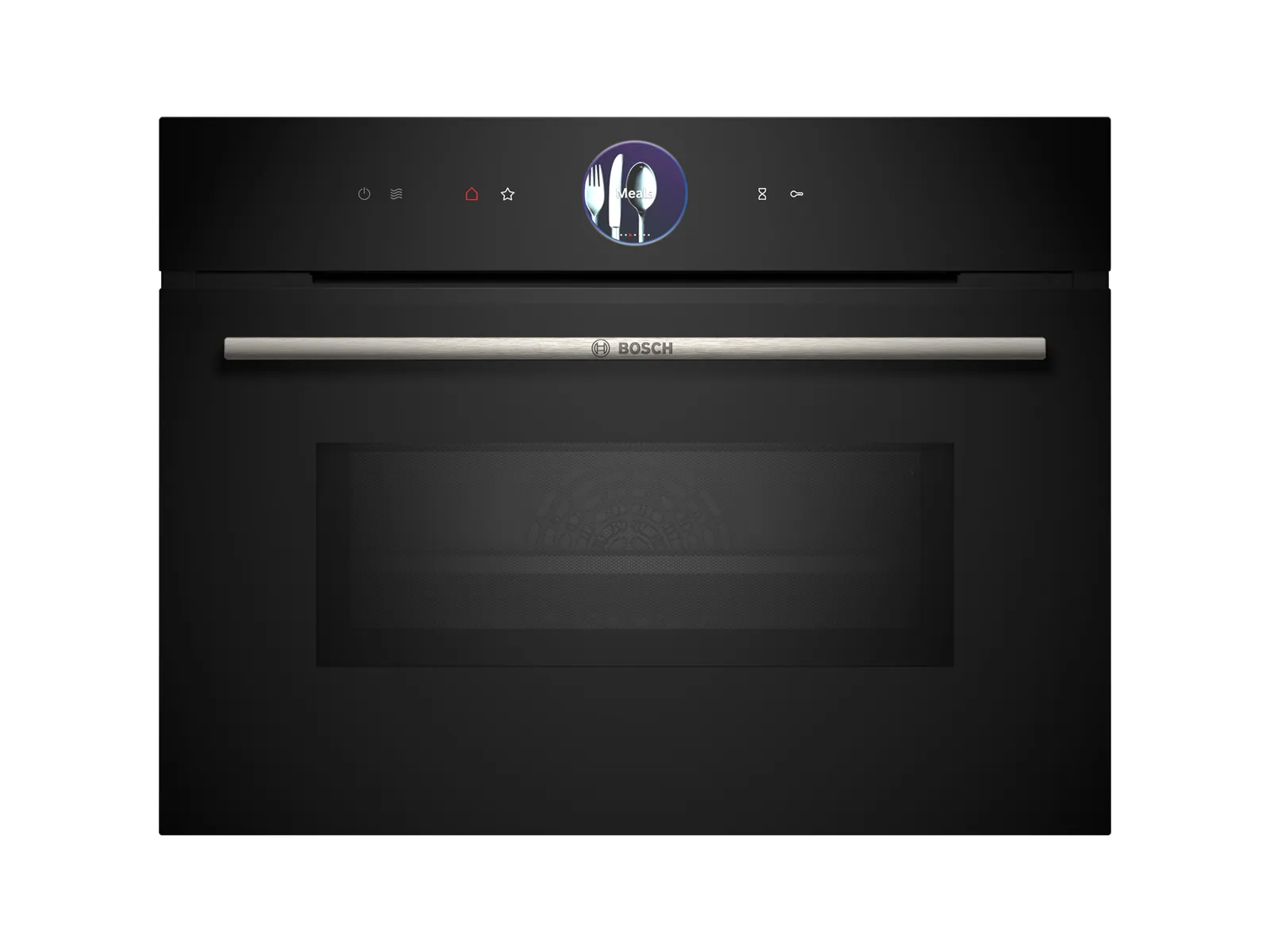 Black Bosch built-in oven featuring a sleek design and a digital control panel with cooking icons.