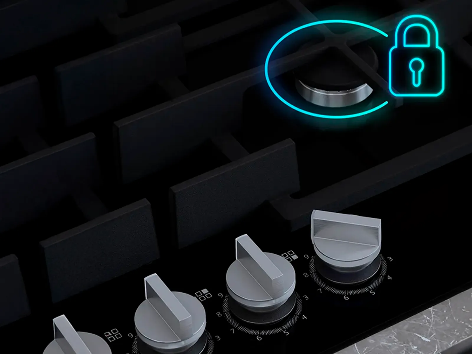 A close-up shot of a gas burner with a blue illustrated circle and lock icon.