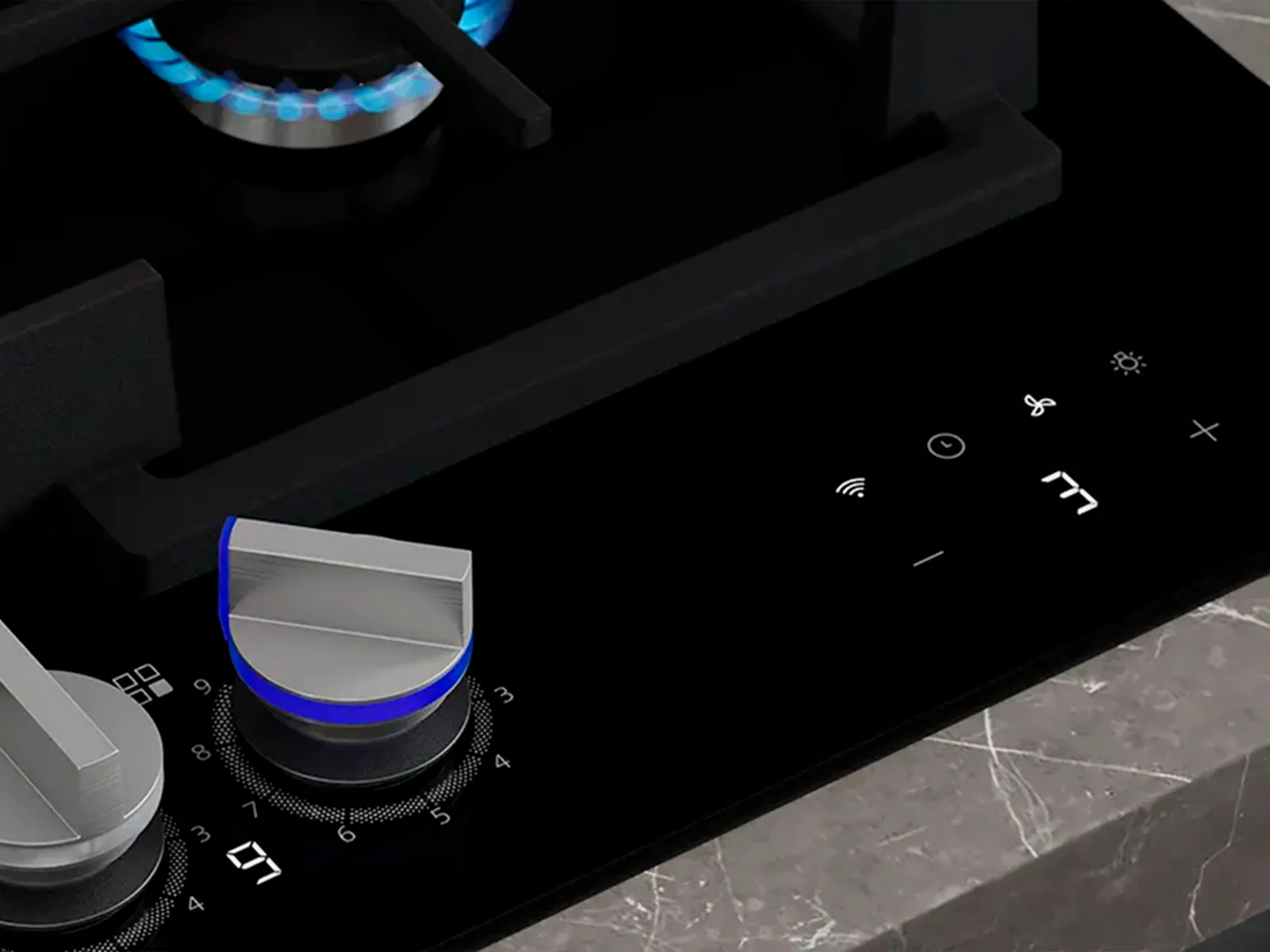 A Siemens gas hob and Siemens extractor hood with blue/green graphic of a box and WiFi icon.