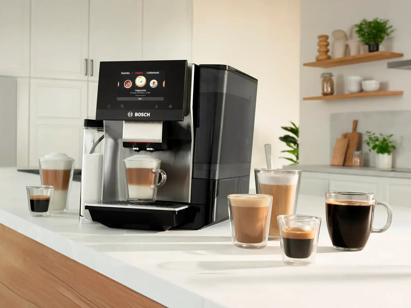 Series 8 VeroCafe fully automatic coffee machine next to 7 cups containing different coffee styles on kitchen top.