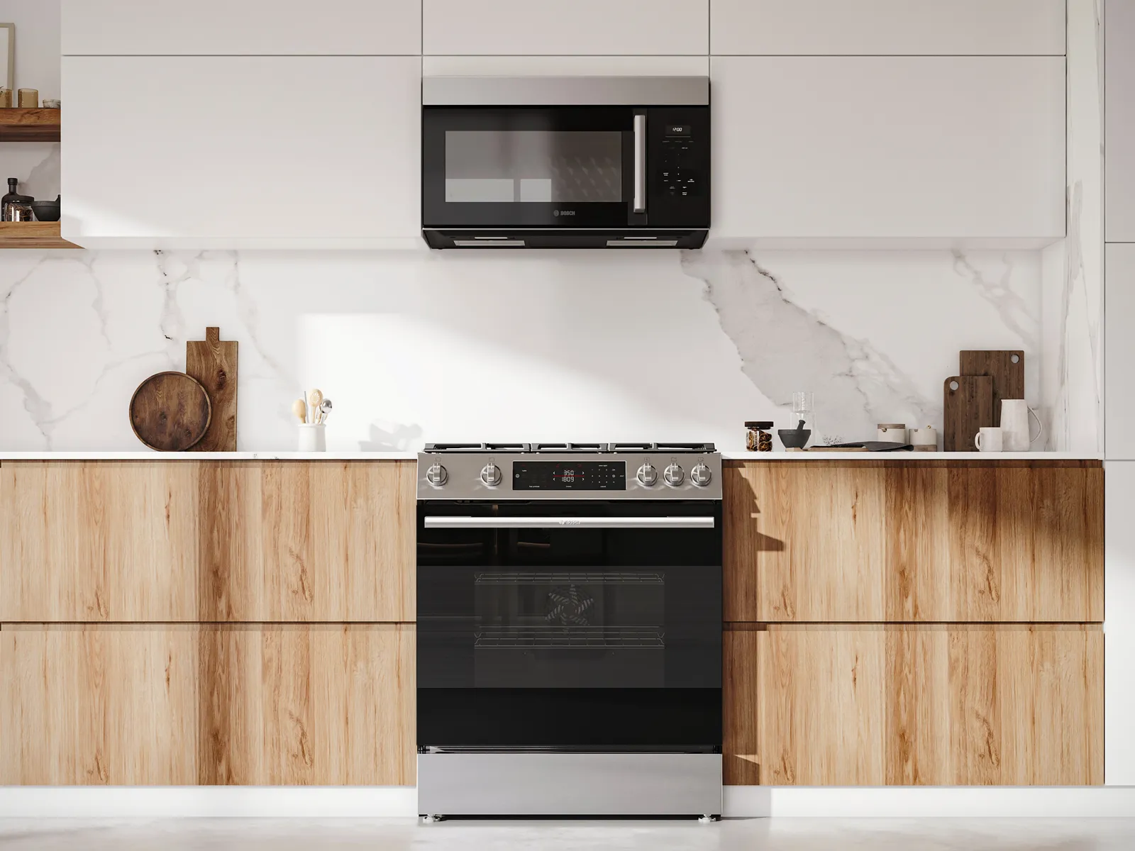 Bosch 100 Series Range with Bosch Microwave hood in white and oak kitchen 