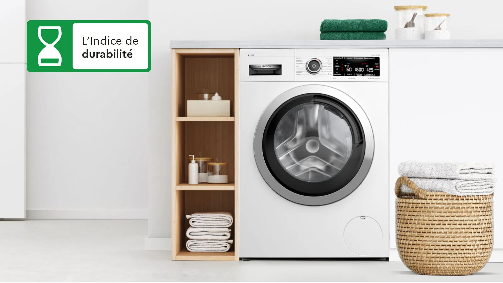 Visuel d'un lave-linge Bosch dans une buanderie avec le picto de l'indice de Durabilité
