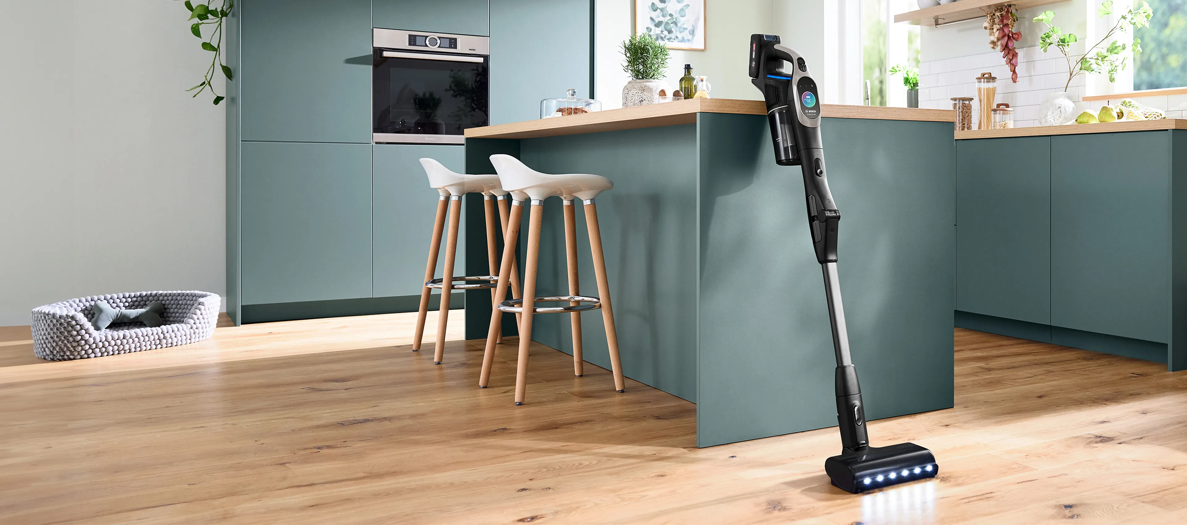 Two sleek stick vacuums hang on a light wall, adjacent to a stylish sofa, decorative plant, and a modern coffee table.