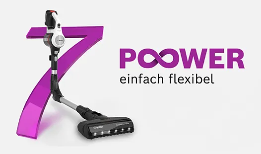 Un elegante aspirapolvere accanto a un grande numero 7 viola e alla parola "POWER"