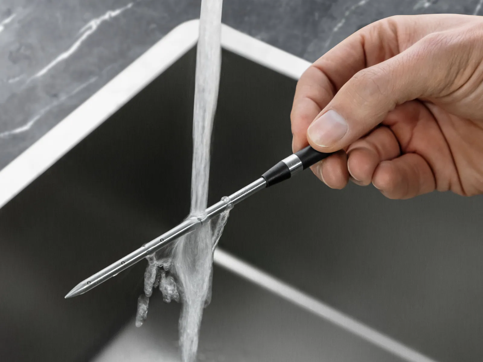 Eine Hand hält den wireless roastingSensor unter fließendem Wasser im Spülbecken.