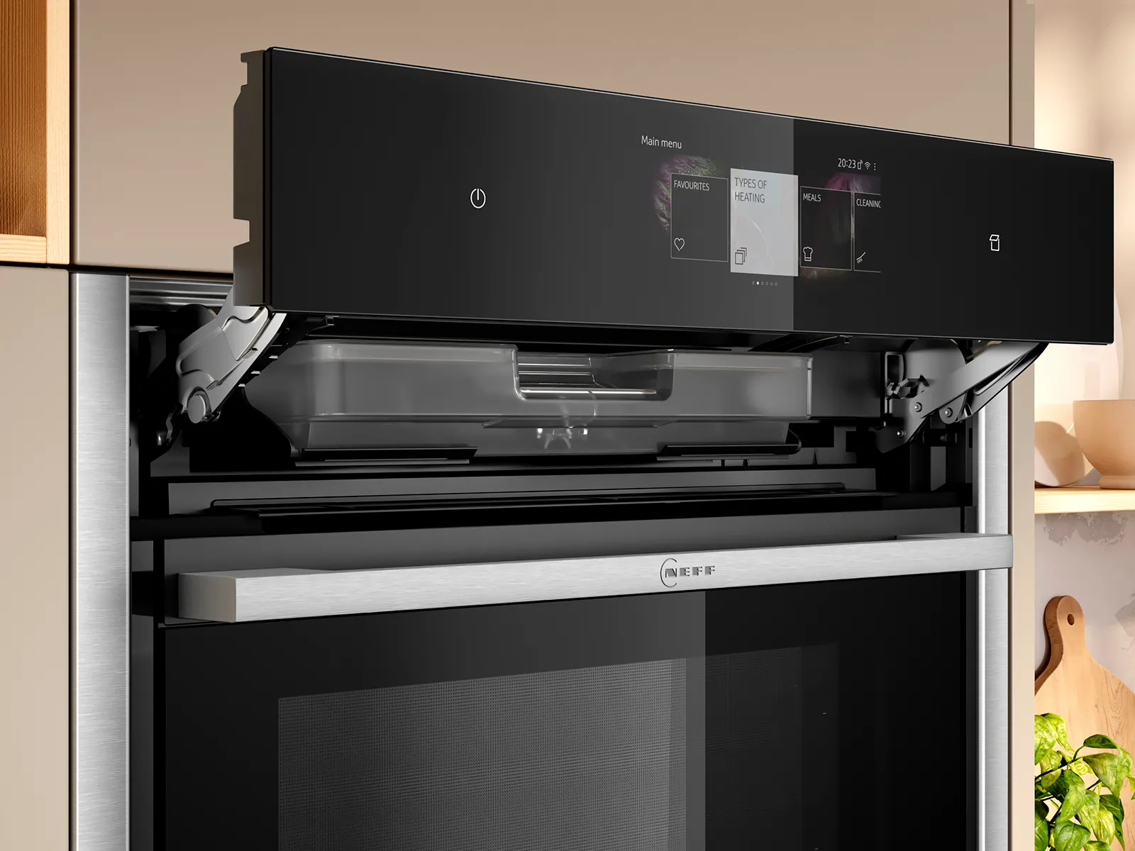 Close-up of a steam oven with a touchscreen panel displaying options for heating, meals, and cleaning.