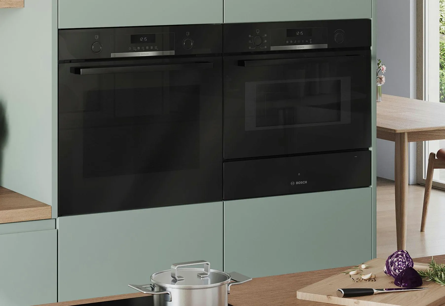 dwa piekarniki do zabudowu w zielonej zabudowie