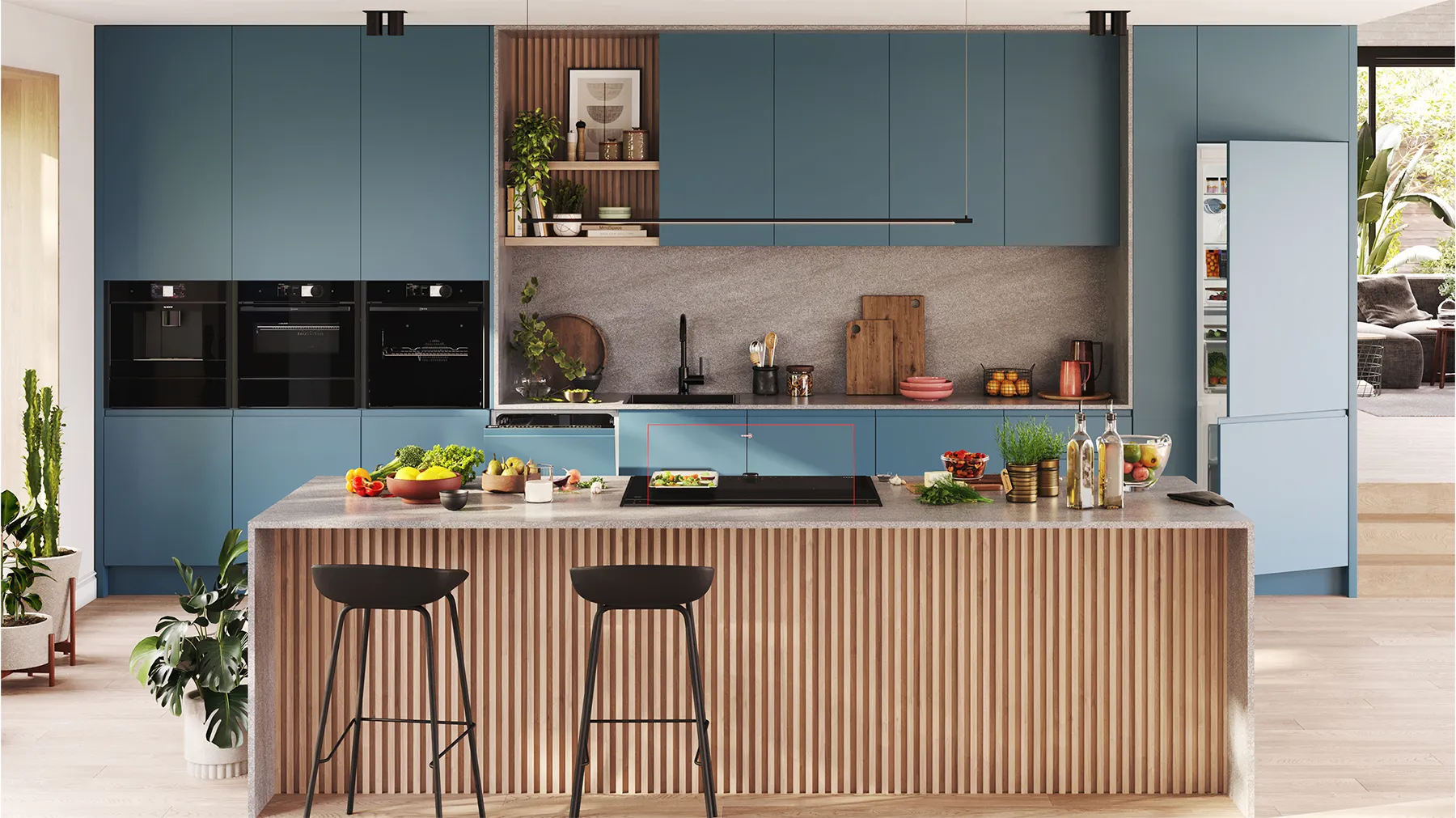 Open and brightly coloured kitchen with multiple NEFF appliances