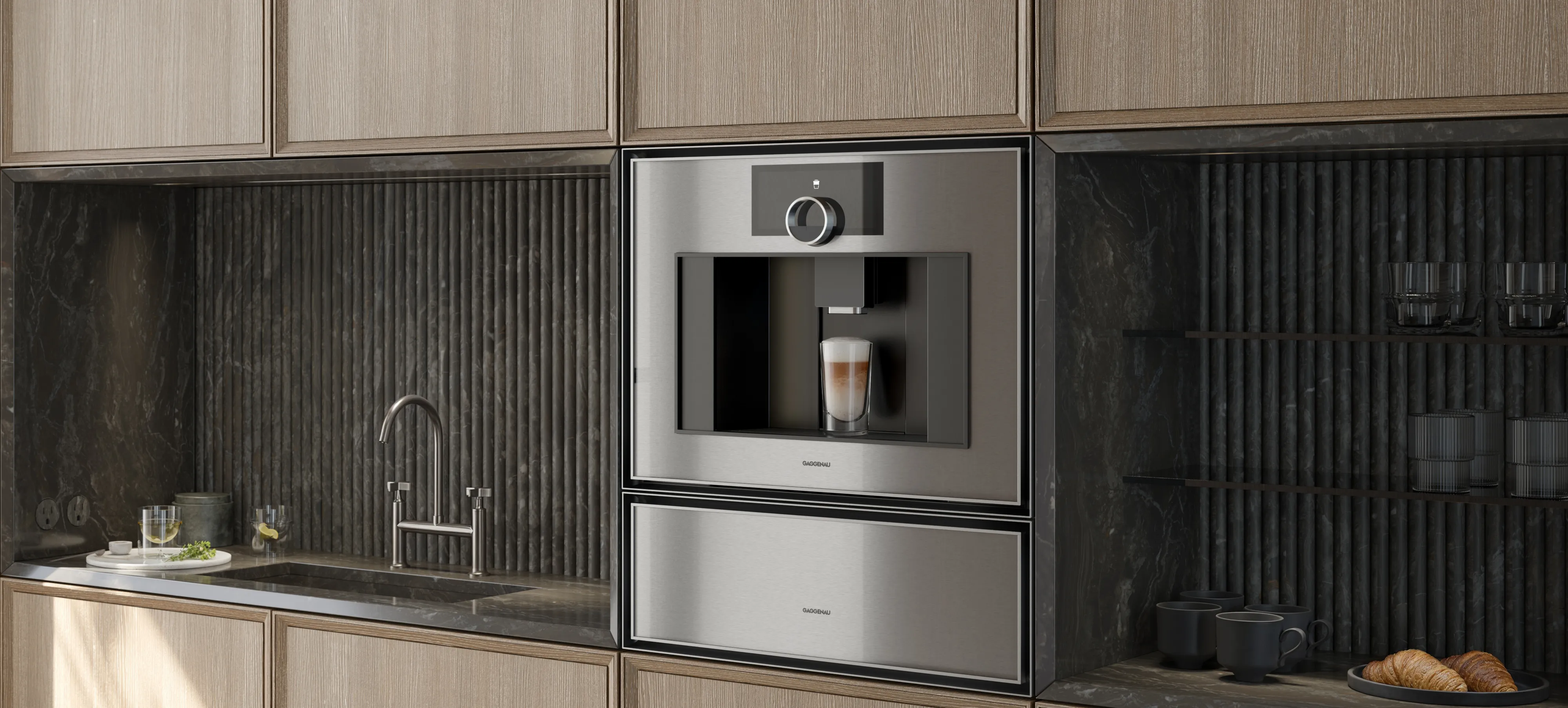 The Gaggenau Expressive series fully automatic espresso machine in a luxury kitchen