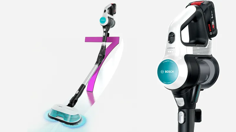 A Bosch cordless vacuum cleaner with a sleek design, featuring a detachable handheld unit and a colorful purple accessory.