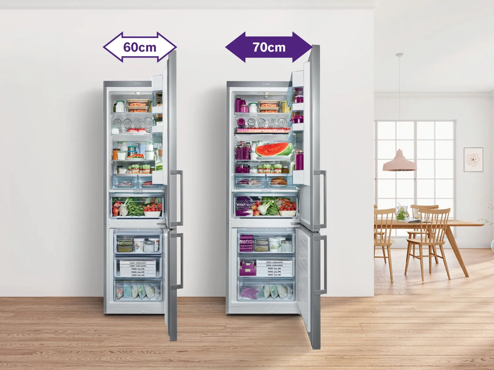 Två kombinerade kyl-frysar som visar skillnaden i förvaring mellan 60 cm och 70 cm breda kombiskåp. 76 liter extra utrymme.