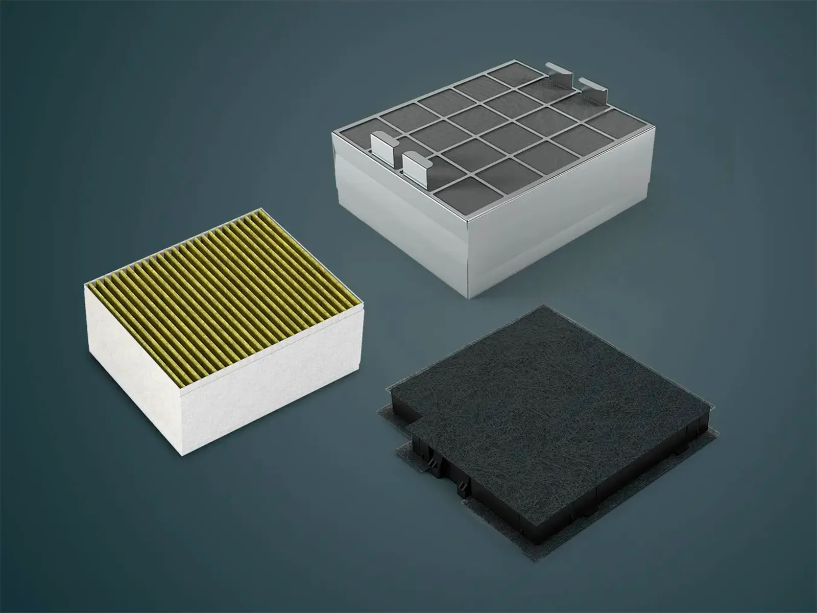 Tre moderne emhætte filtre præsenteres: et med grønne riller, et andet med en gittertop, og et tredje med en mørk, struktureret overflade.